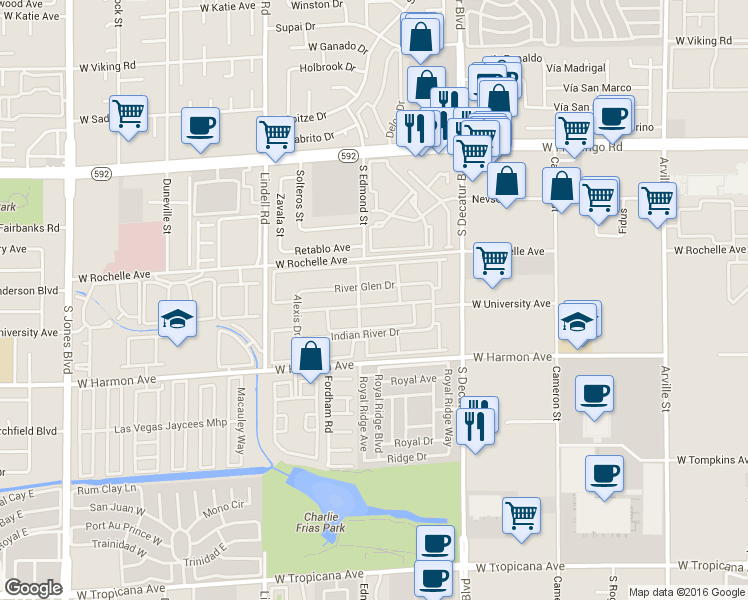 map of restaurants, bars, coffee shops, grocery stores, and more near 5080 Indian River Drive in Las Vegas