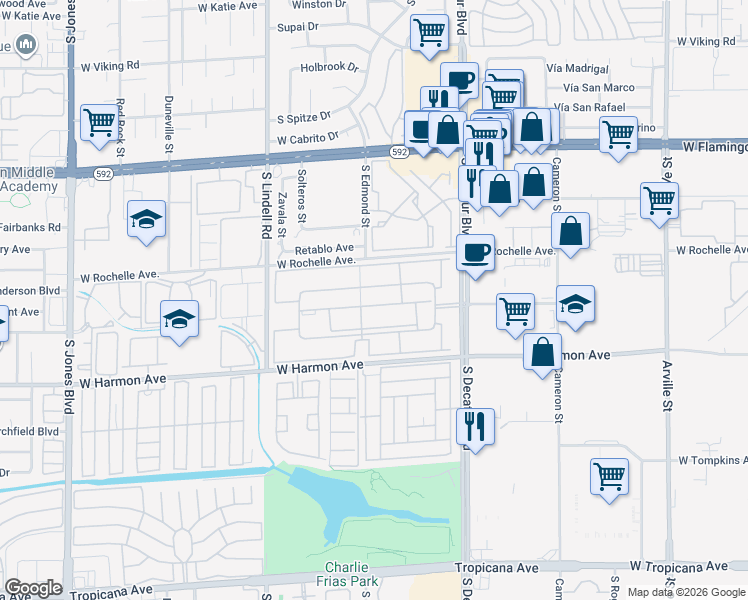 map of restaurants, bars, coffee shops, grocery stores, and more near 5080 Indian River Drive in Las Vegas
