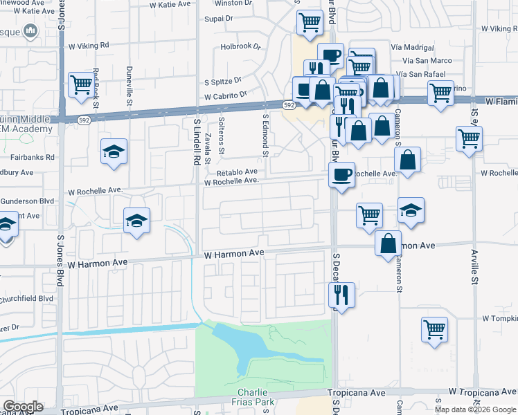 map of restaurants, bars, coffee shops, grocery stores, and more near 5080 Indian River Drive in Las Vegas