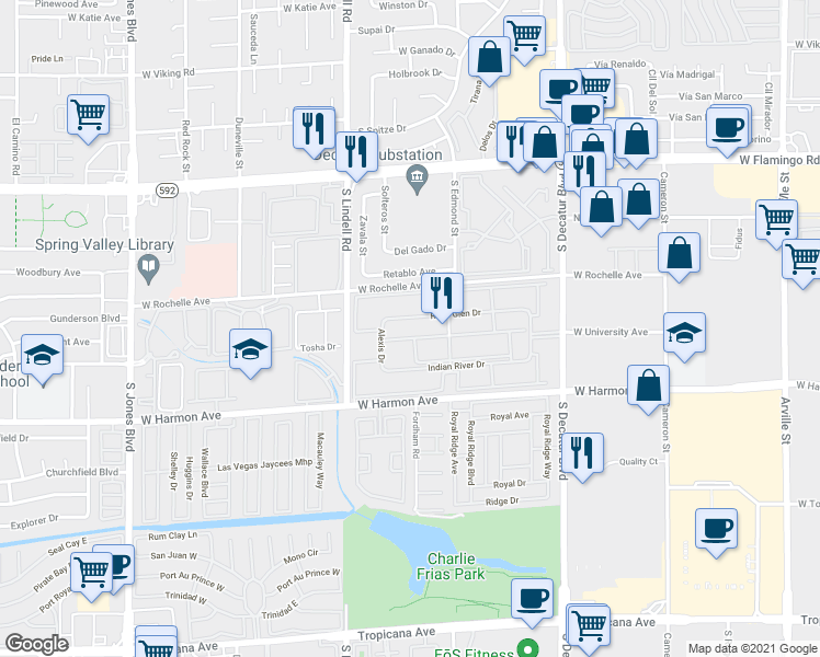 map of restaurants, bars, coffee shops, grocery stores, and more near 5200 Indian River Drive in Las Vegas