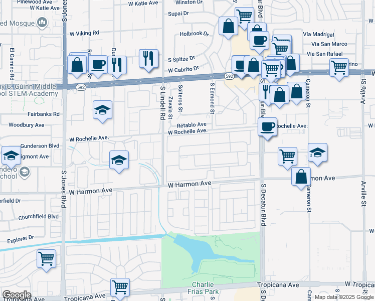 map of restaurants, bars, coffee shops, grocery stores, and more near 5340 Indian River Drive in Las Vegas