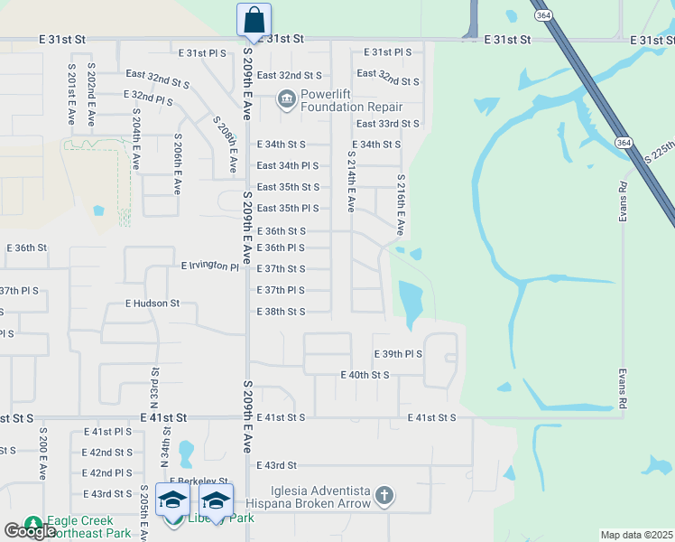 map of restaurants, bars, coffee shops, grocery stores, and more near 21403 East 37th Place South in Broken Arrow