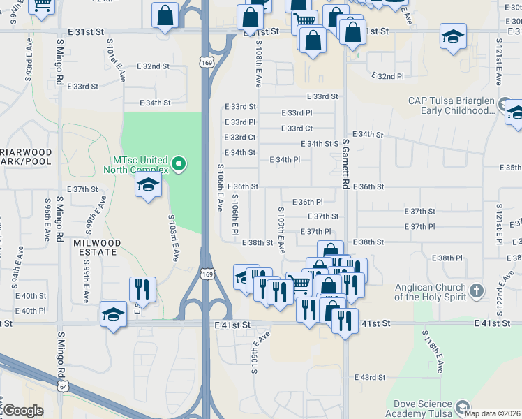 map of restaurants, bars, coffee shops, grocery stores, and more near 3647 S 108th E Ave in Tulsa