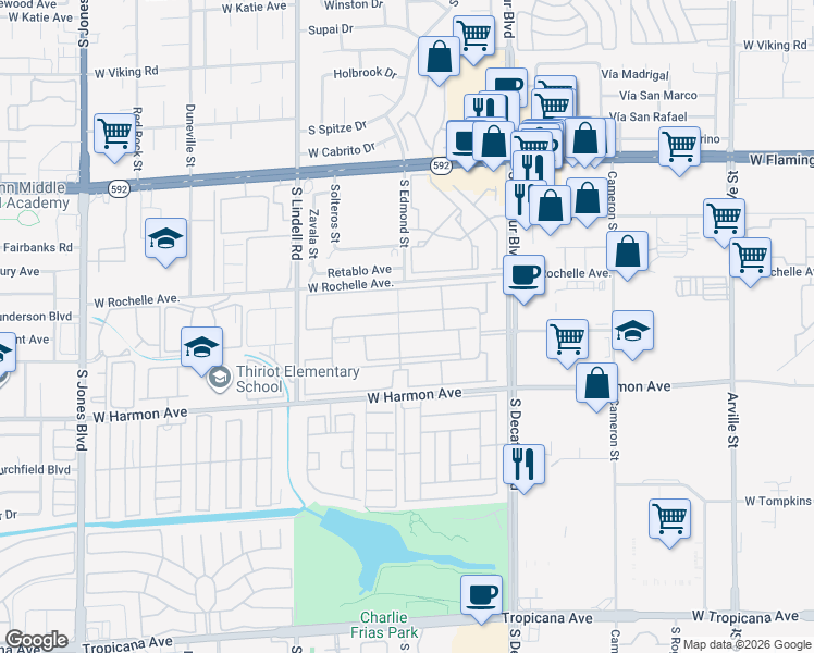 map of restaurants, bars, coffee shops, grocery stores, and more near 5080 Indian River Drive in Las Vegas