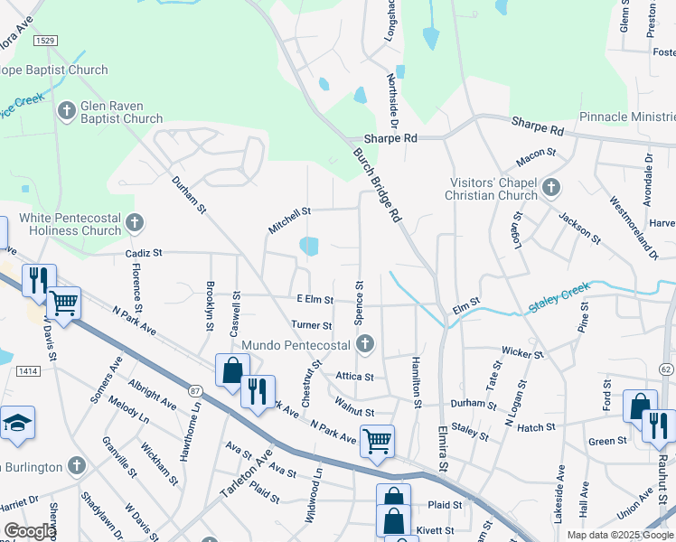 map of restaurants, bars, coffee shops, grocery stores, and more near 530 Spence Street in Burlington