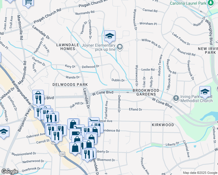 map of restaurants, bars, coffee shops, grocery stores, and more near 1906 West Cone Boulevard in Greensboro
