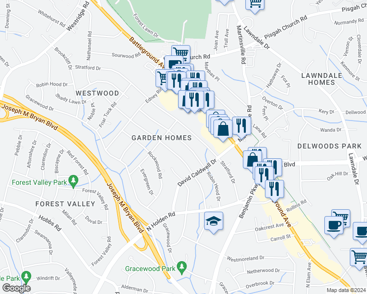 map of restaurants, bars, coffee shops, grocery stores, and more near 2721 Robin Hood Drive in Greensboro