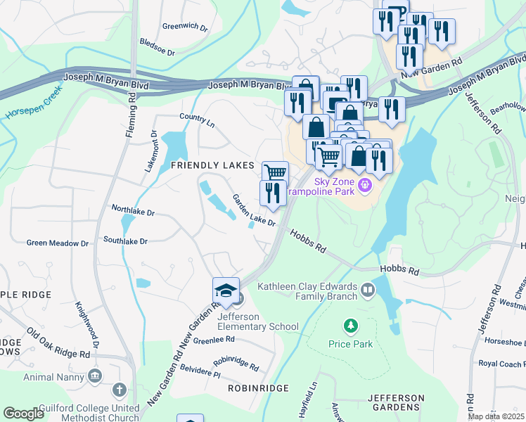 map of restaurants, bars, coffee shops, grocery stores, and more near 5402 Garden Lake Drive in Greensboro