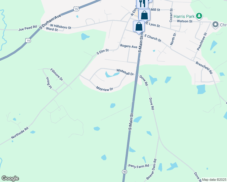map of restaurants, bars, coffee shops, grocery stores, and more near 433 Mayview Drive in Creedmoor