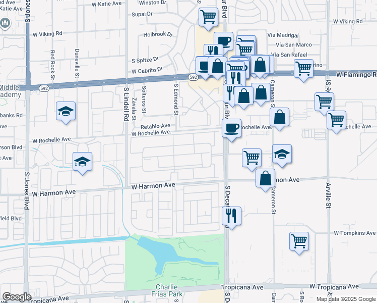 map of restaurants, bars, coffee shops, grocery stores, and more near 5020 Indian River Drive in Las Vegas