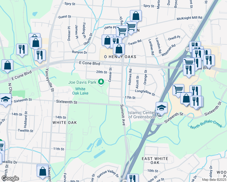 map of restaurants, bars, coffee shops, grocery stores, and more near 1513 17th Street in Greensboro