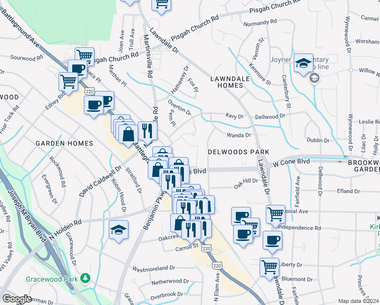 map of restaurants, bars, coffee shops, grocery stores, and more near 3005 Patriot Court in Greensboro