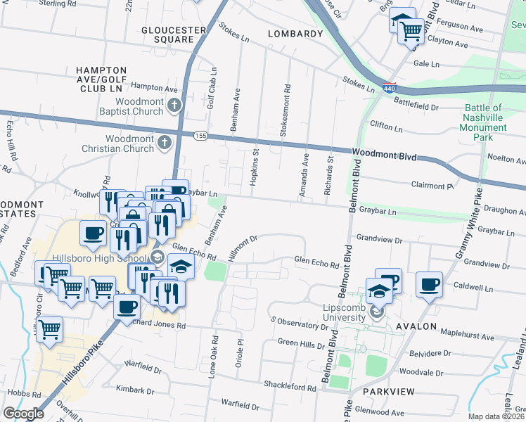 map of restaurants, bars, coffee shops, grocery stores, and more near 1758B Hillmont Drive in Nashville