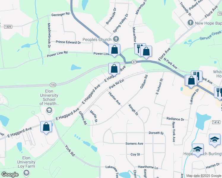 map of restaurants, bars, coffee shops, grocery stores, and more near 2568 Park Road Extension in Elon