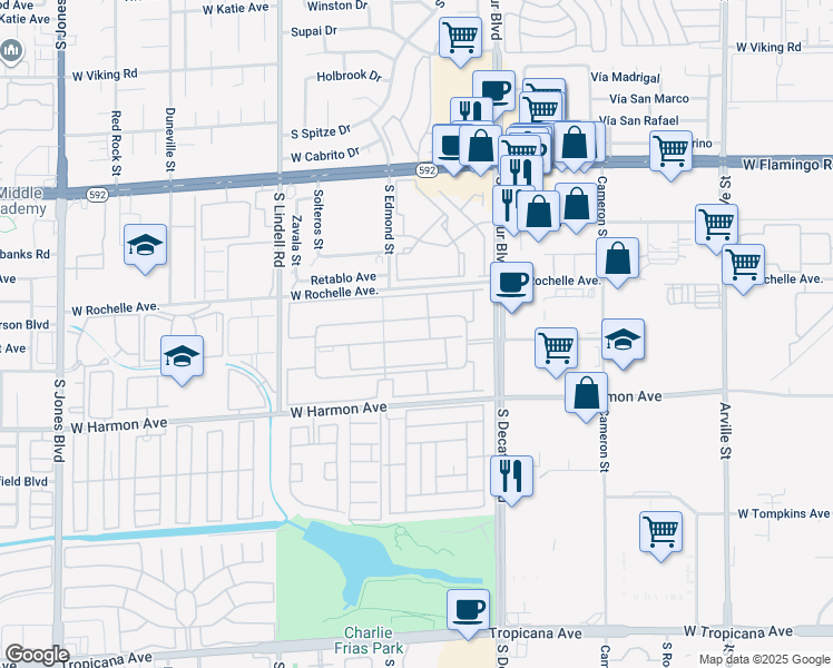 map of restaurants, bars, coffee shops, grocery stores, and more near 5020 Indian River Drive in Las Vegas