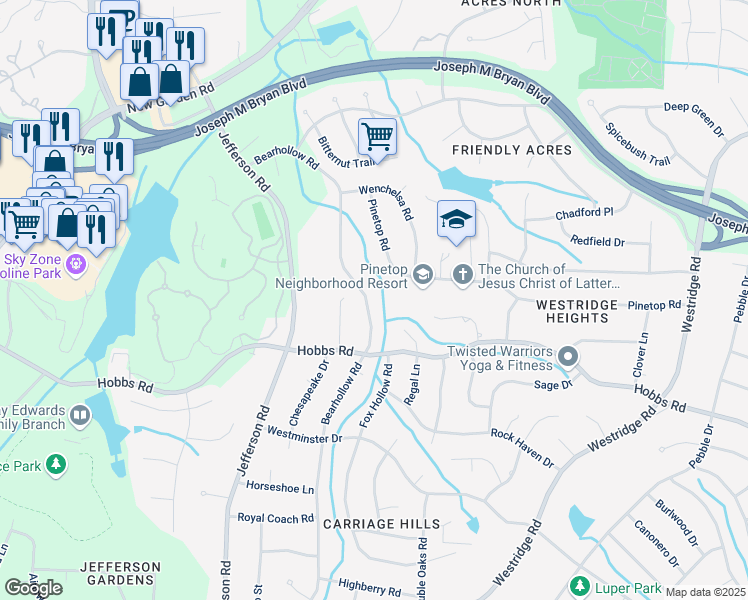 map of restaurants, bars, coffee shops, grocery stores, and more near 9 Regal Court in Greensboro