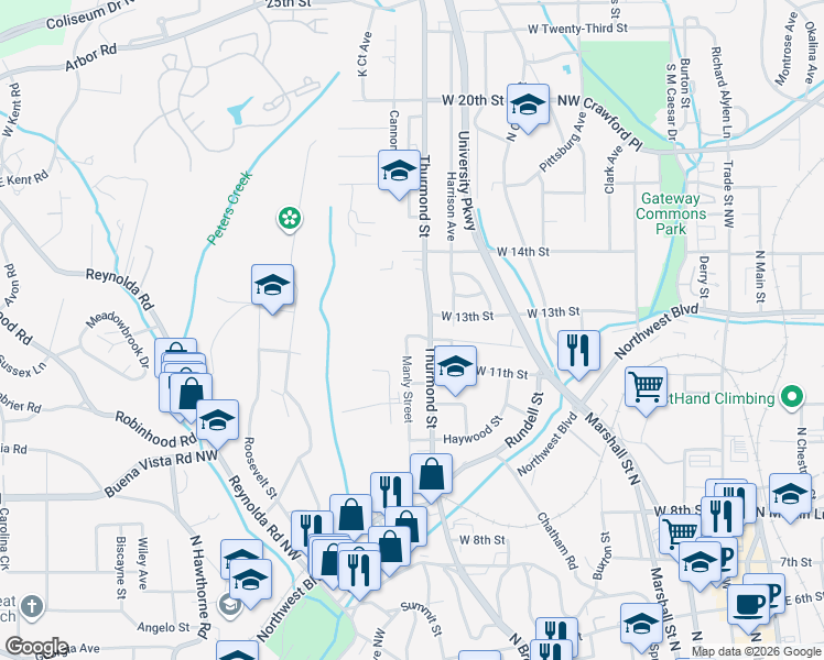 map of restaurants, bars, coffee shops, grocery stores, and more near 1114 Manly Street in Winston-Salem