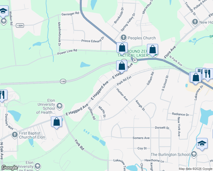 map of restaurants, bars, coffee shops, grocery stores, and more near 923 East Haggard Avenue in Elon