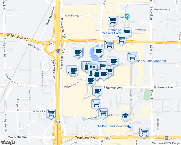 map of restaurants, bars, coffee shops, grocery stores, and more near 3700 South Las Vegas Boulevard in Las Vegas
