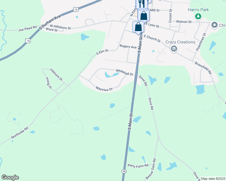 map of restaurants, bars, coffee shops, grocery stores, and more near 433 Mayview Drive in Creedmoor