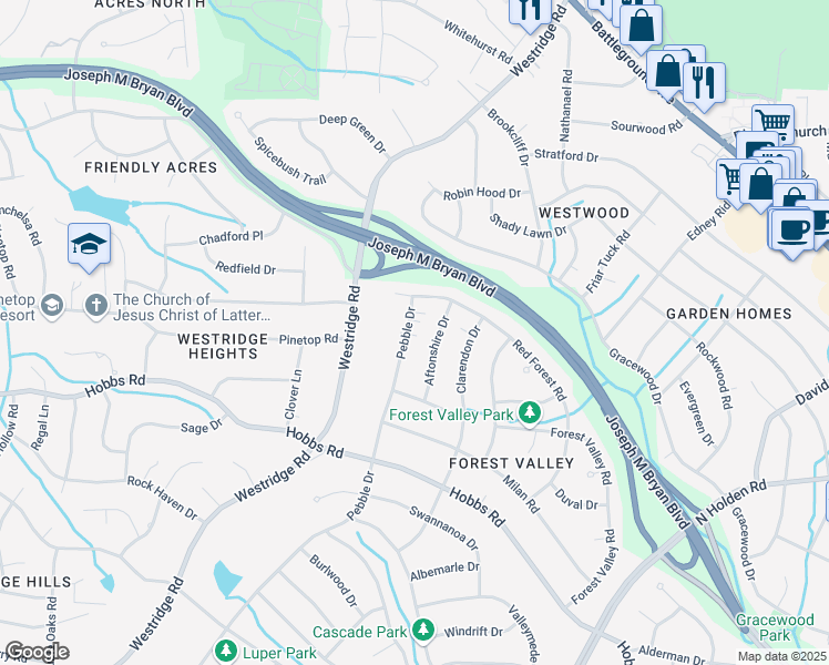 map of restaurants, bars, coffee shops, grocery stores, and more near 2116 Pebble Drive in Greensboro