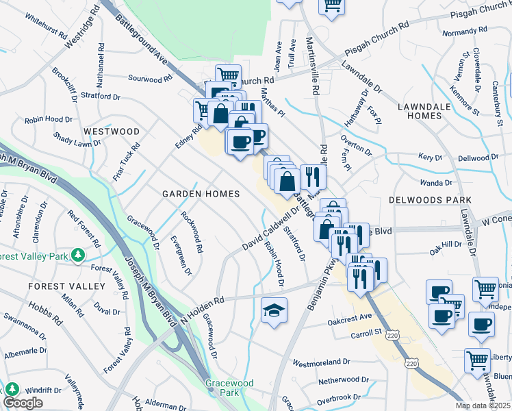 map of restaurants, bars, coffee shops, grocery stores, and more near 2713 Stratford Drive in Greensboro