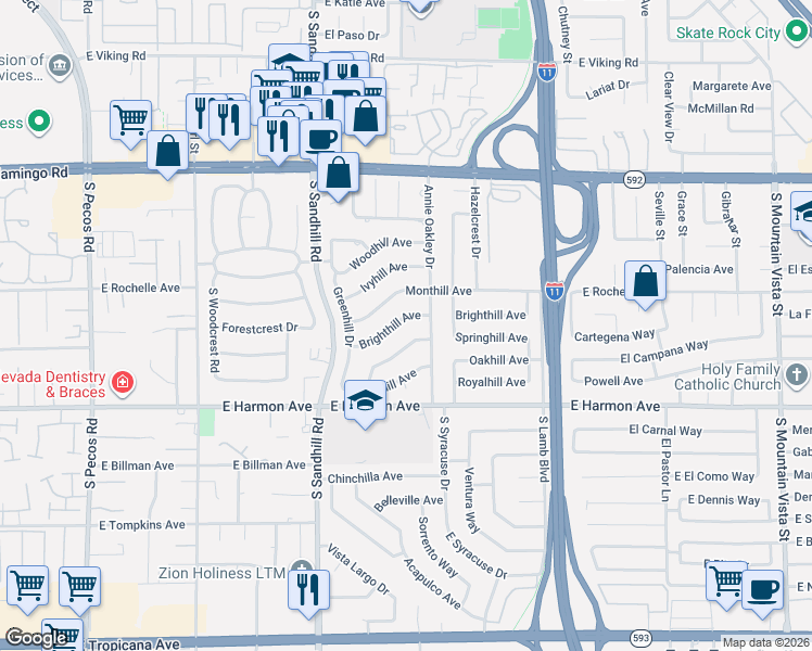 map of restaurants, bars, coffee shops, grocery stores, and more near 3910 Springhill Avenue in Las Vegas