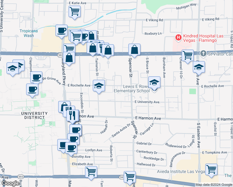 map of restaurants, bars, coffee shops, grocery stores, and more near 4376 Caliente Street in Las Vegas