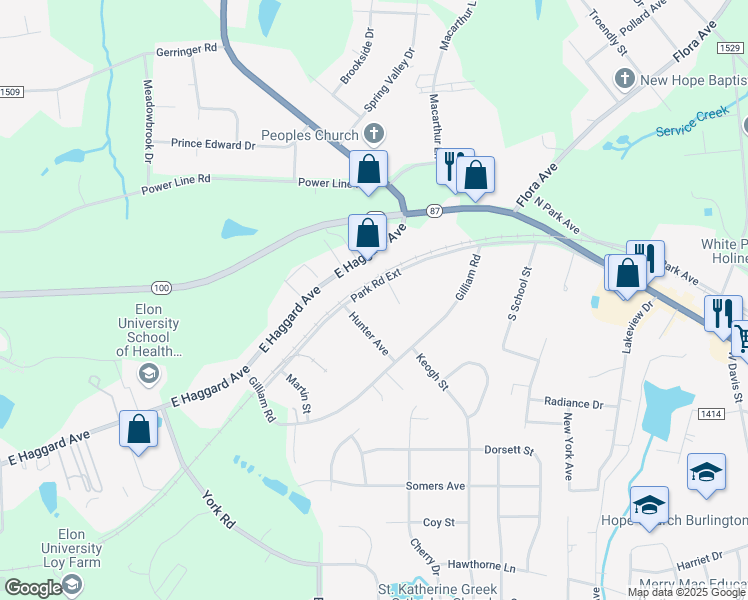 map of restaurants, bars, coffee shops, grocery stores, and more near 132 Hunter Avenue in Elon