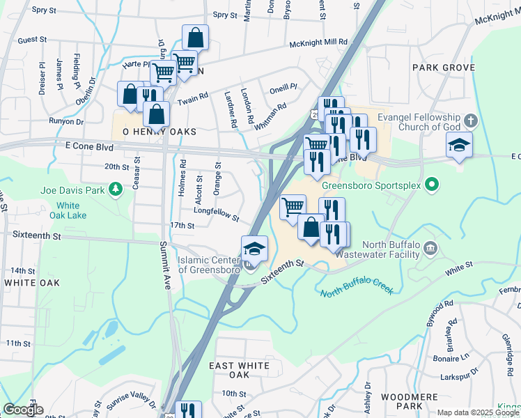 map of restaurants, bars, coffee shops, grocery stores, and more near 2801 North Ohenry Boulevard in Greensboro