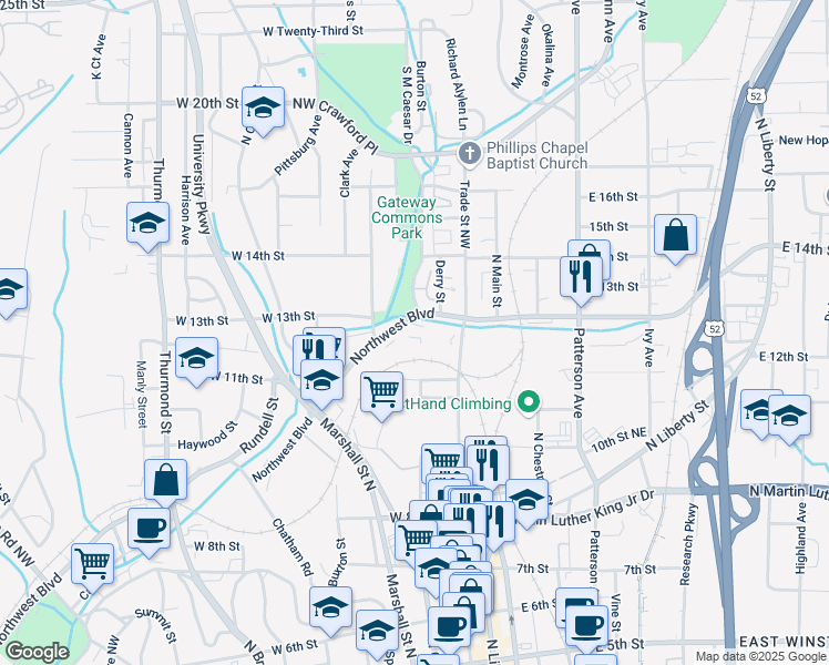 map of restaurants, bars, coffee shops, grocery stores, and more near 221 12th Street West in Winston-Salem