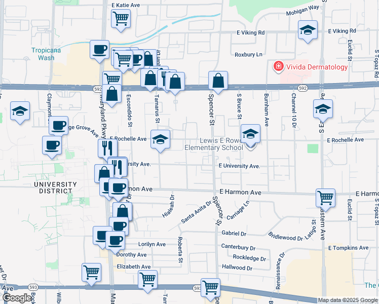 map of restaurants, bars, coffee shops, grocery stores, and more near 4376 Caliente Street in Las Vegas