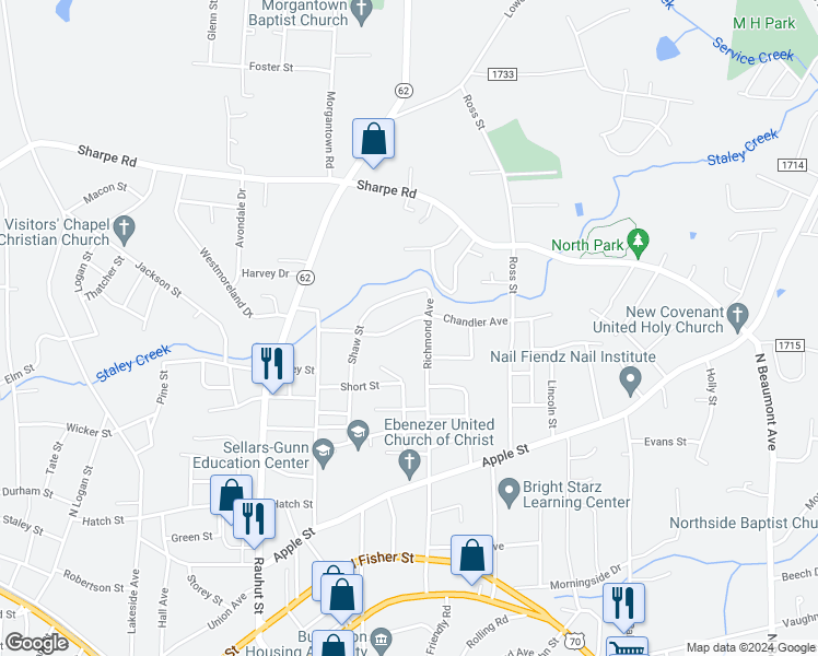 map of restaurants, bars, coffee shops, grocery stores, and more near 729 Chandler Avenue in Burlington