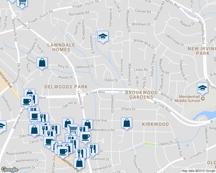 map of restaurants, bars, coffee shops, grocery stores, and more near 2705 Dellwood Drive in Greensboro