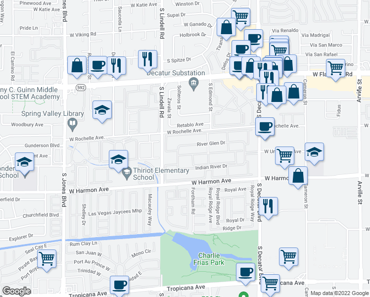 map of restaurants, bars, coffee shops, grocery stores, and more near 5281 River Glen Drive in Las Vegas