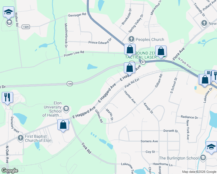 map of restaurants, bars, coffee shops, grocery stores, and more near 101 Campus Walk Trail in Elon