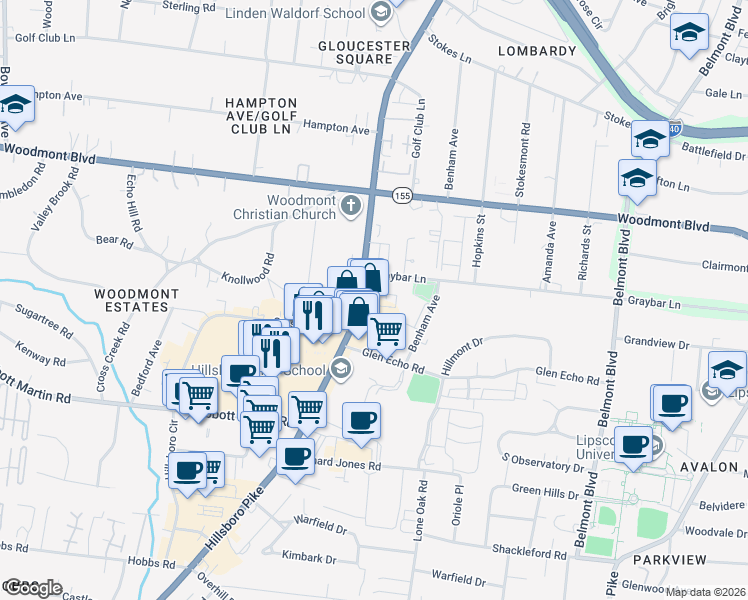 map of restaurants, bars, coffee shops, grocery stores, and more near 3600 Hillsboro Pike in Nashville
