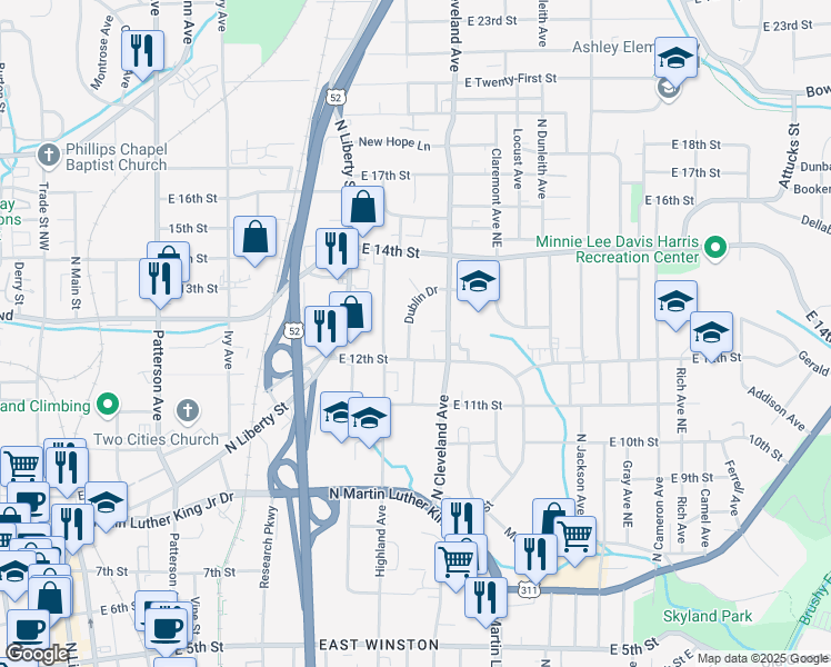 map of restaurants, bars, coffee shops, grocery stores, and more near 1225 Northeast Dublin Drive in Winston-Salem