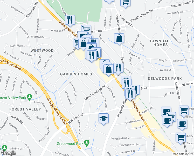 map of restaurants, bars, coffee shops, grocery stores, and more near 2713 Stratford Drive in Greensboro