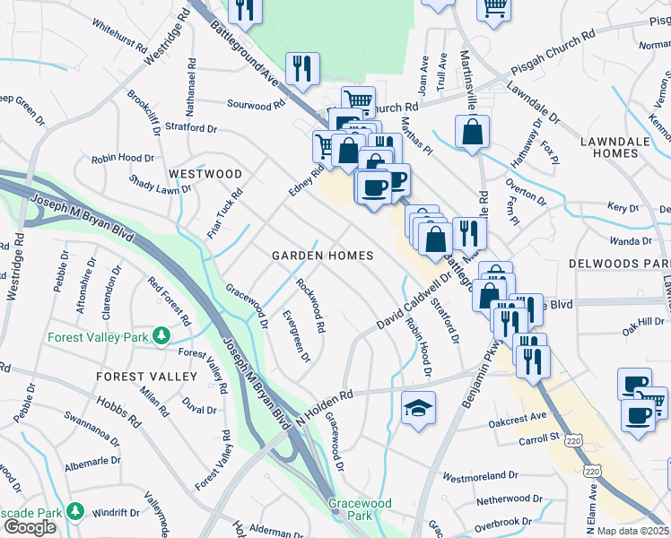 map of restaurants, bars, coffee shops, grocery stores, and more near 2726 Shady Lawn Drive in Greensboro
