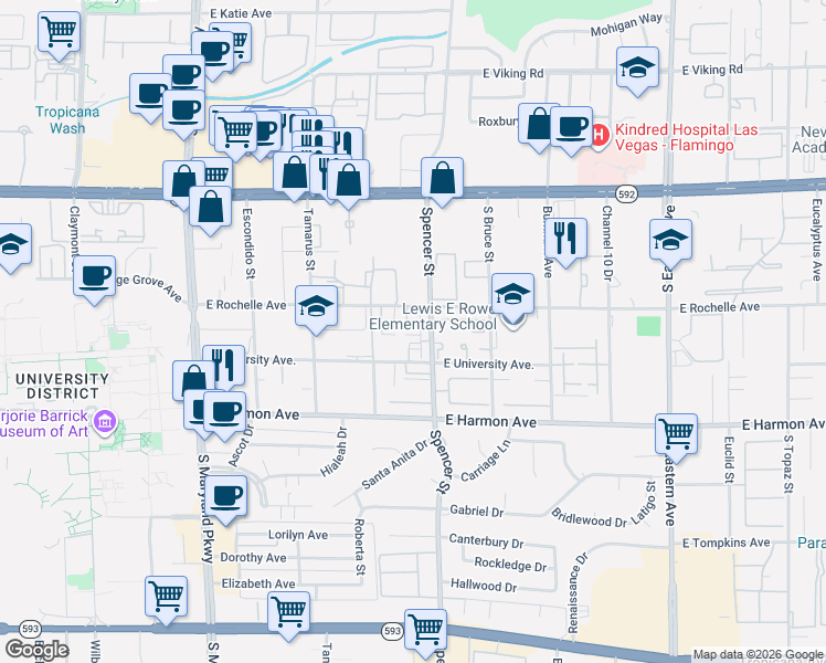 map of restaurants, bars, coffee shops, grocery stores, and more near 4255 Spencer Street in Las Vegas