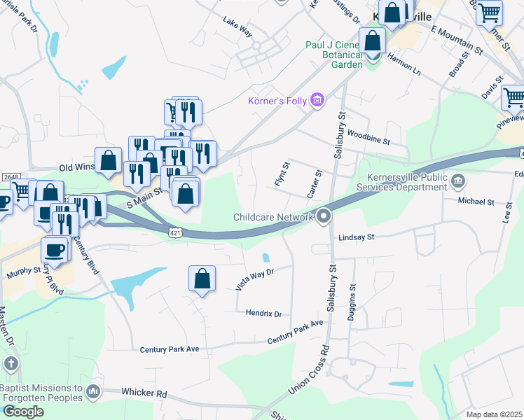 map of restaurants, bars, coffee shops, grocery stores, and more near 628 Woodlake Park Drive in Kernersville