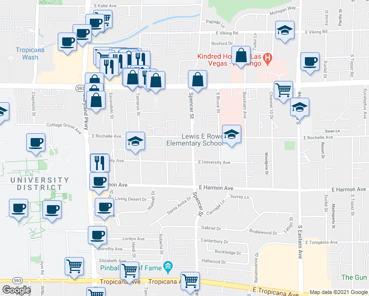 map of restaurants, bars, coffee shops, grocery stores, and more near 4339 Spencer Street in Las Vegas
