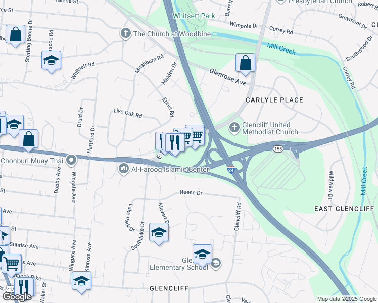 map of restaurants, bars, coffee shops, grocery stores, and more near 61 East Thompson Lane in Nashville