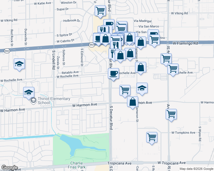 map of restaurants, bars, coffee shops, grocery stores, and more near 4330 Sandy River Drive in Las Vegas