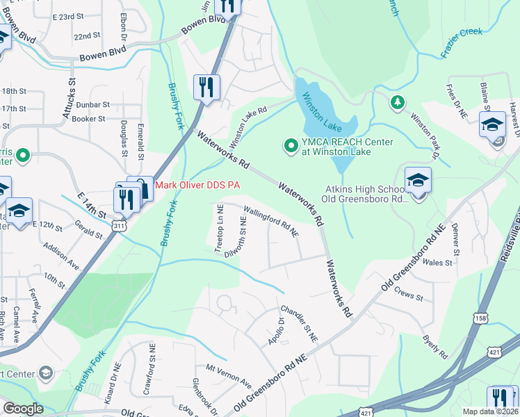 map of restaurants, bars, coffee shops, grocery stores, and more near 2631 Wallingford Road Northeast in Winston-Salem