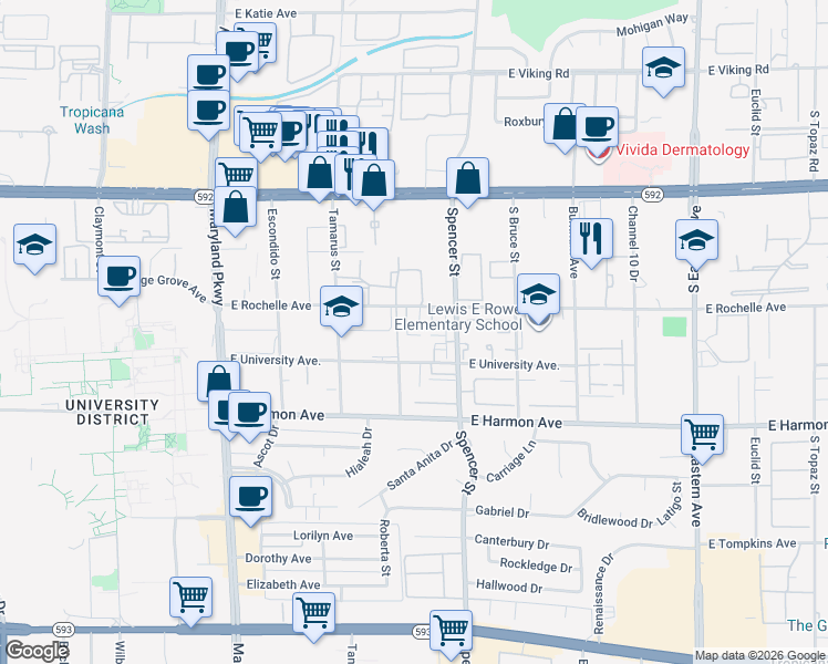 map of restaurants, bars, coffee shops, grocery stores, and more near 4338 Caliente Street in Las Vegas