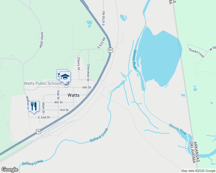 map of restaurants, bars, coffee shops, grocery stores, and more near 63125 South 4750 Road in Watts