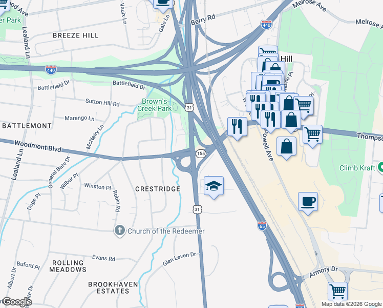 map of restaurants, bars, coffee shops, grocery stores, and more near U.S. Highway 31 in Nashville
