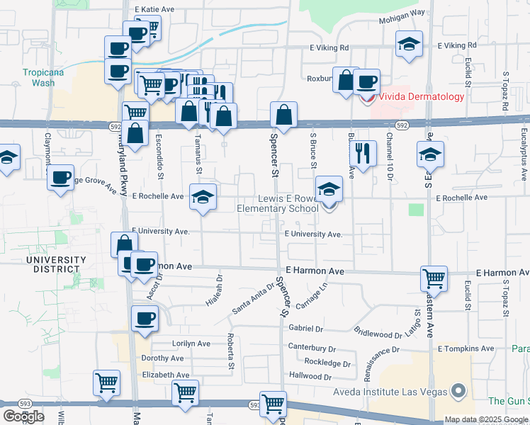 map of restaurants, bars, coffee shops, grocery stores, and more near 4255 Spencer Street in Las Vegas